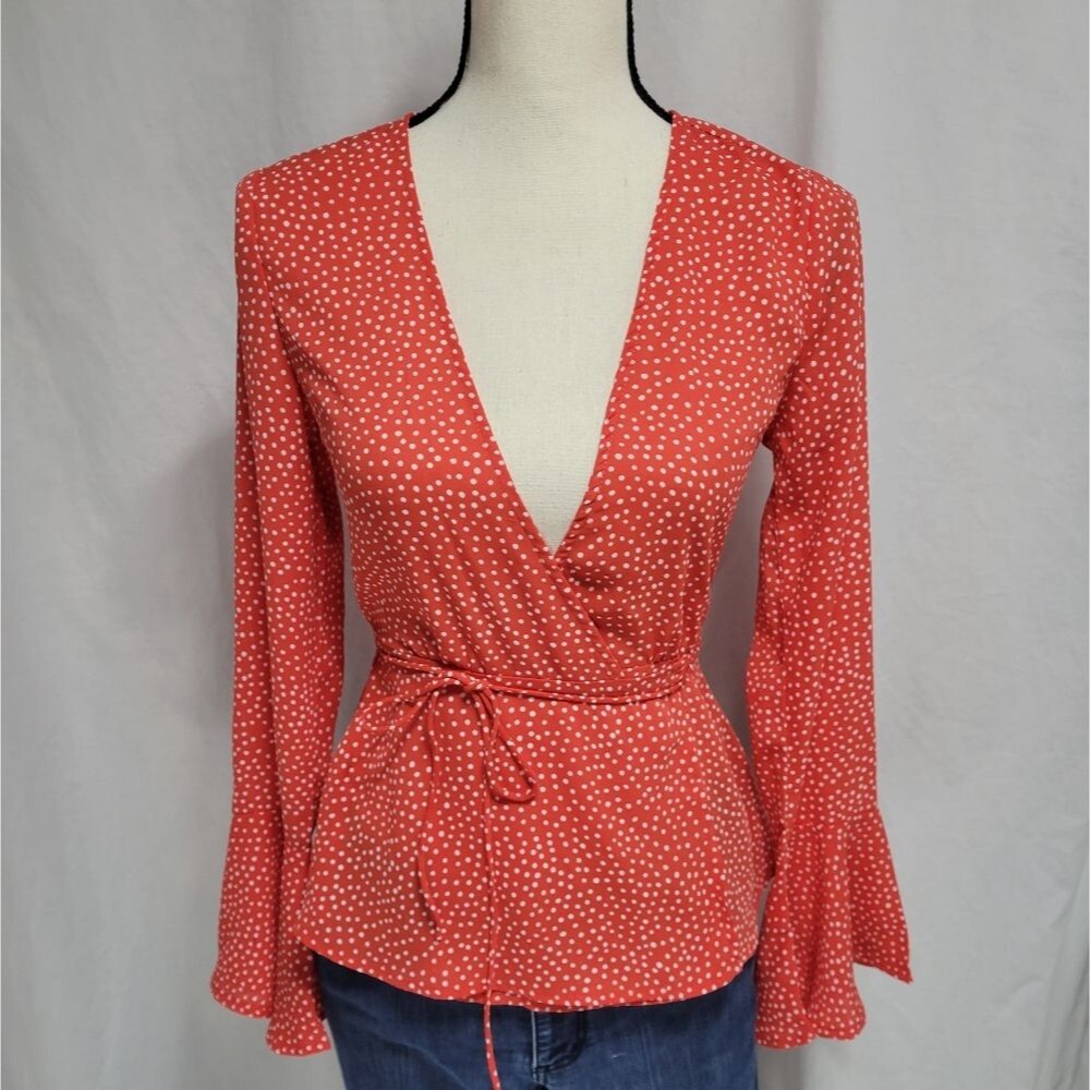 Lulus wrap front tie red/white pokadot long sleeve blouse, sz XS